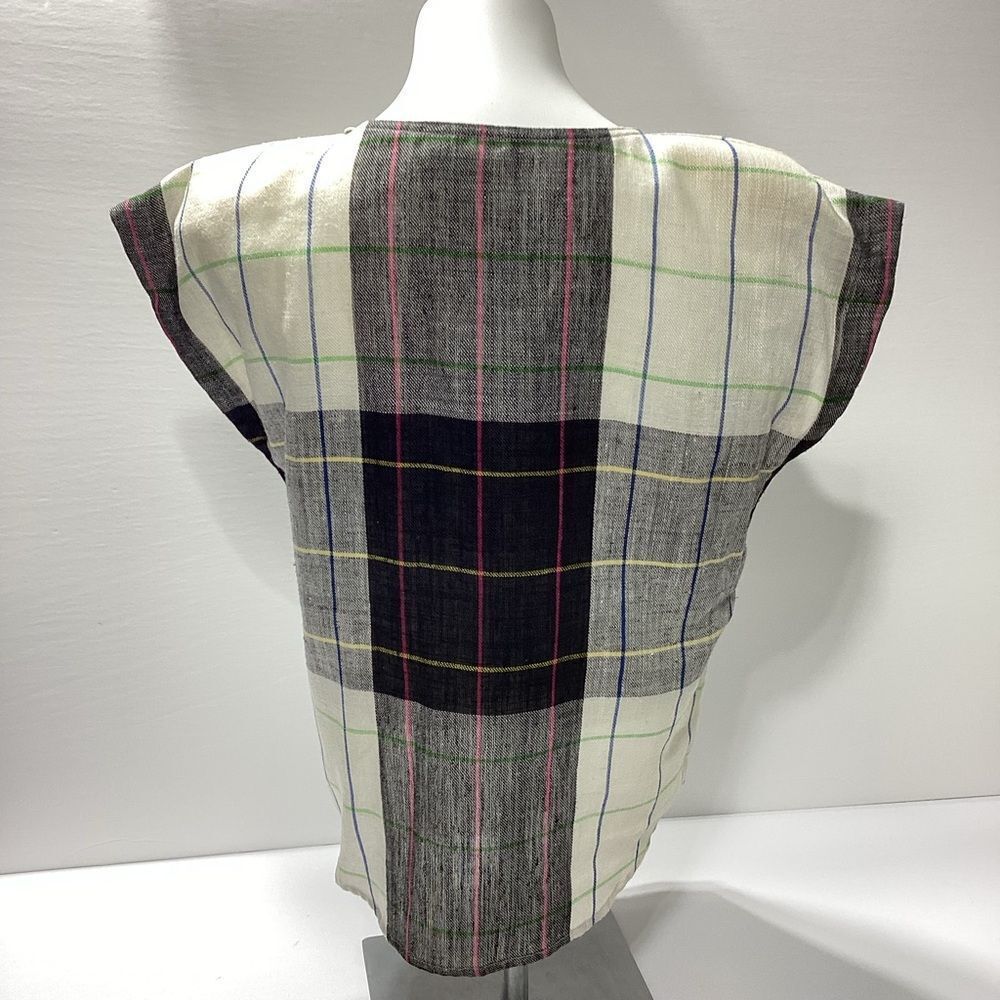 Vintage Liz Claiborne Linen Blouse Size 12 Black White Gray Plaid Grid Print - Picture 3 of 9